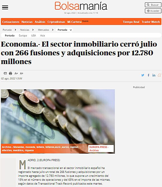 Economa.- El sector inmobiliario cerr julio con 266 fusiones y adquisiciones por 12.780 millones